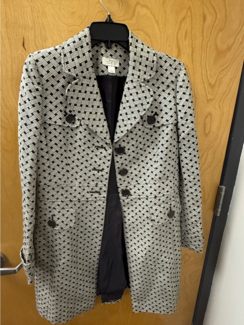 LOFT Black and White Woven-Pattern Pea Coat